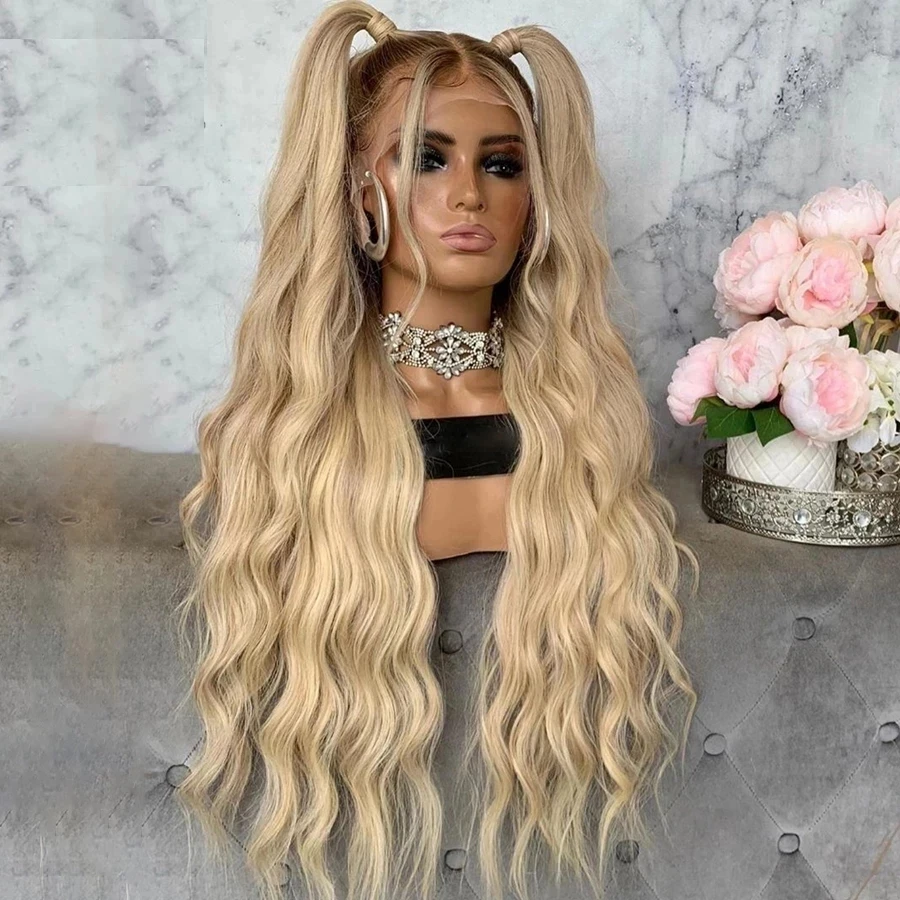 

Ombre Honey Blonde Long Deep Wave Synthetic Hair Lace Frontal Wig Brown Roots Fiber Hair Transparent Lace Wigs