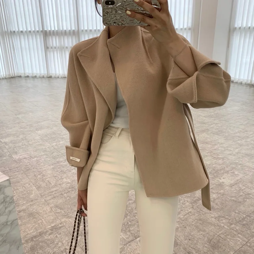 معطف صوفي نسائي بسيط فايون الخصر مقصوص فضفاض مع حزام ort Top Ele Personali معطف شتوي طويل Sve