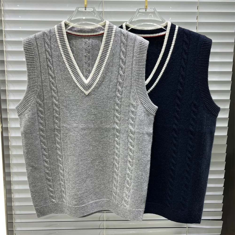 Autumn Winter Men's Cashmere Knitted Vest V-neck Pullover Top's Casual All-match Soft