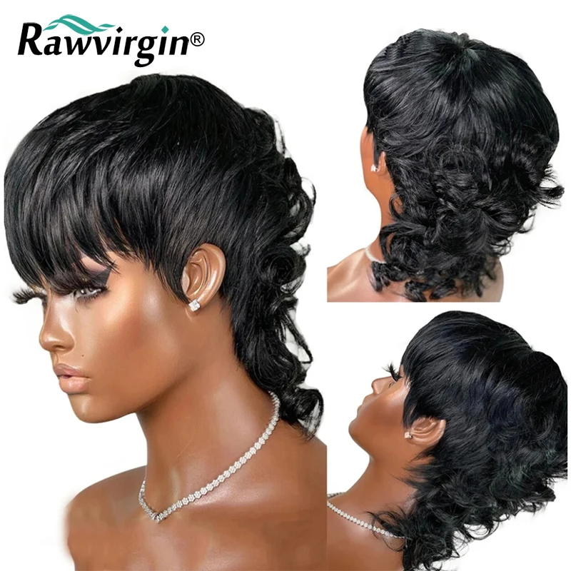 Brazilian Pixie Cut Wigs Human Hair Short Mullet Loose Wave Glueless Wig 100% Human Hair Ready To Wear No Lace Full Machine Wig