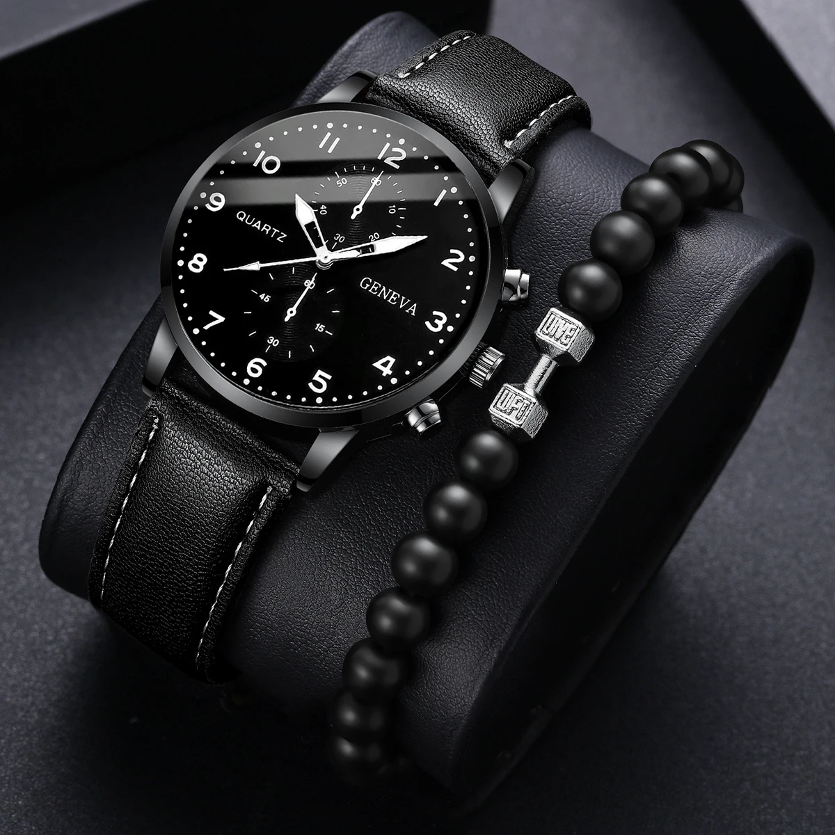 

2 Pieces/Set Quartz Watch with Men's Leather Bracelet and Pearl Strap Simple