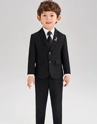 Korea Boys Black Suit For Wedding Children Jacket Vest Pants Tie 4Pcs Ceremony Tuxedo Dress Kids Photograph Performance Costume