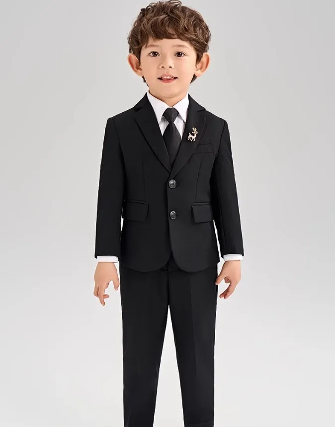 Korea Boys Black Suit For Wedding Children Jacket Vest Pants Tie 4Pcs Ceremony Tuxedo Dress Kids Photograph Performance Costume