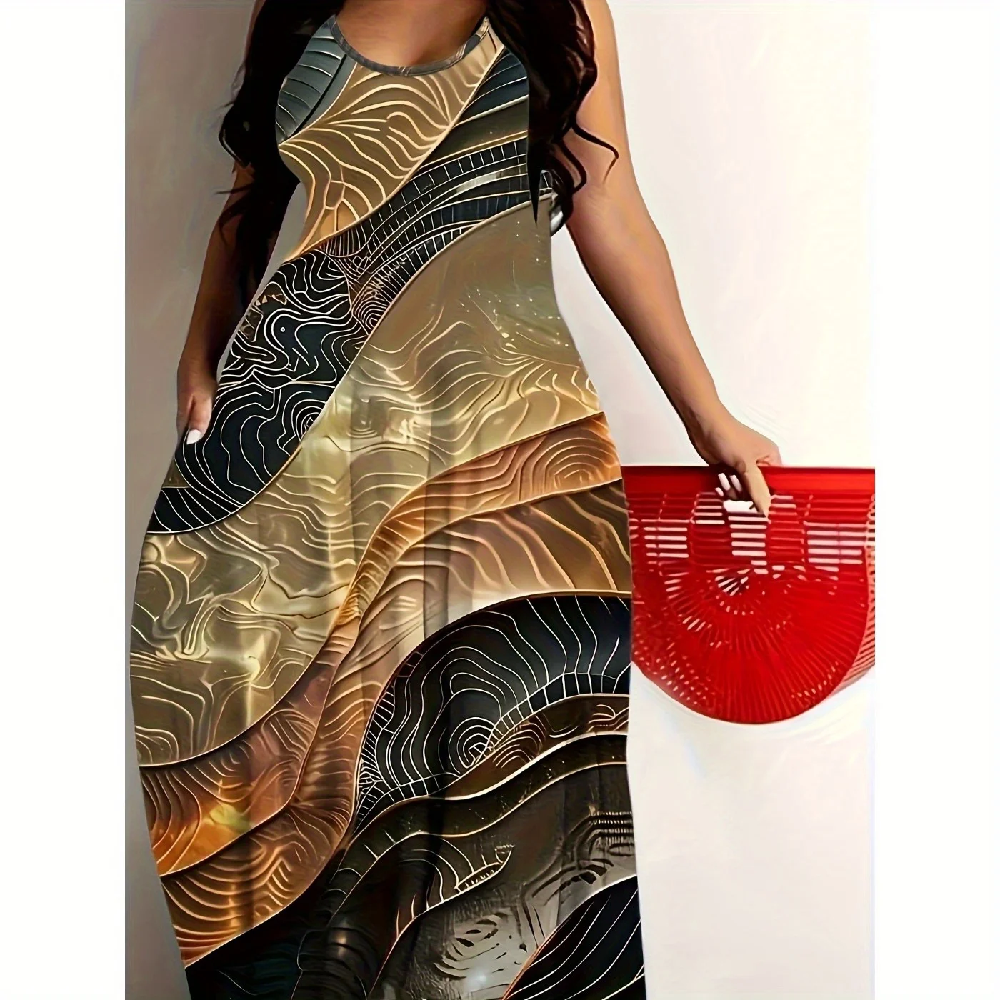 

Sexy Graphic Print Backless Spaghetti Strap Floor-length Holiday Loose Day Wear Slip-on Plus Size Dress