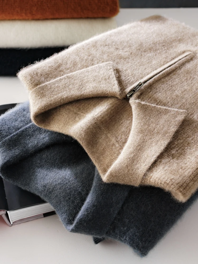 High-end Men 100% Cashmere Sweater POLO Collar Zipper Pullovers Spring Autumn Winter Warm Smart Casual Cashmere Knitwear Tops