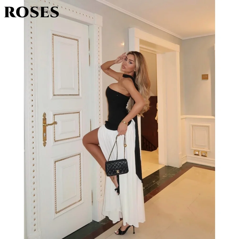 ROSES Abito da ballo macchia bianco-nero Pieghe Abito da celebrità senza spalline Abiti da sera da donna sexy senza maniche per gala personalizzati