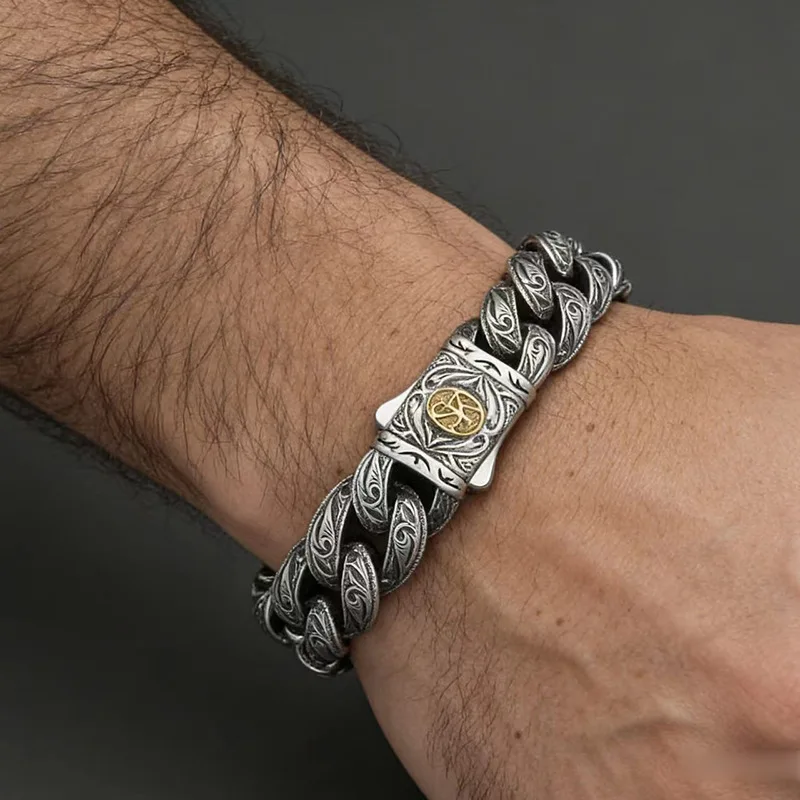 Silver Tone Vintage Oxidized Scroll Engraved Thick Curb Link Bracelet Retro Gothic Heavy Statement Wristband Jewelry for Men