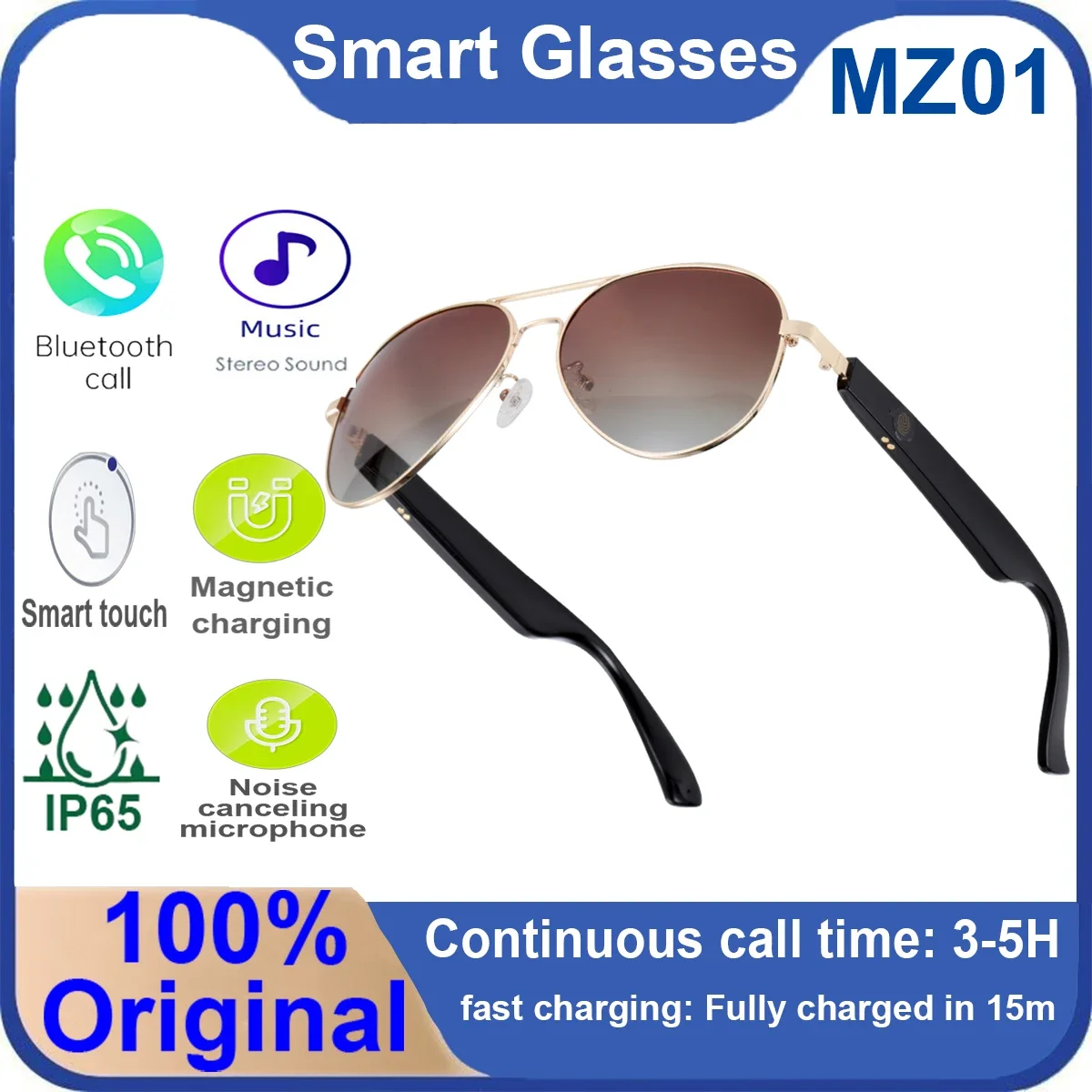 Intelligent Bluetooth Audio Glasses Call Song Listening Navigation Sunglasses 15 Minute Quick Charge Men Women Smart Sunglasses