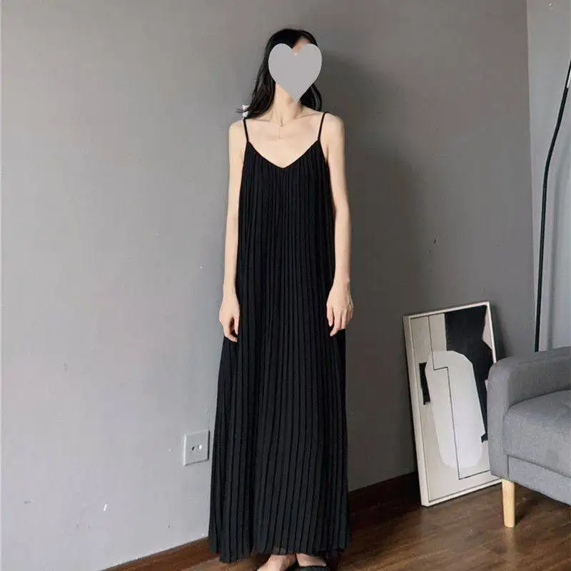 여름 플러스 사이즈 아이스 실크 플리츠 드레스 슬리밍 배 커버 롱 드레스 언더웨어 스트랩 드레스 출퇴근 시나리오용