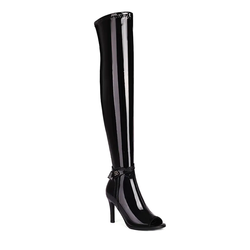 Arden Furtado Patent Leather over the Knee Boots, Round Toe, Peep Toe, Stilettos Heels, Sexy Side Zipper, Ladies 'Cool Boots, Verão