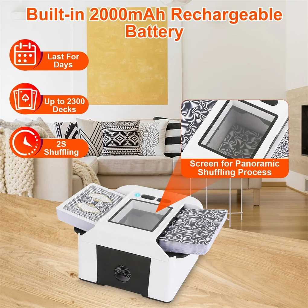 Mélangeur de cartes automatique électrique à 2 platines – Mélangeur à une pression en 2 secondes, fenêtre transparente, silencieux 70 dB, 2 000 mAh rechargeable,