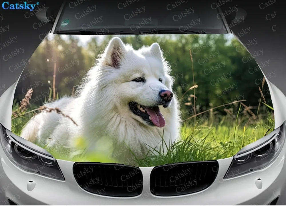 Cute White Dog Car Hood Vinyl Stickers Wrap Vinyl Film Engine Cover Decals Sticker Universal Car Hood Protective Film