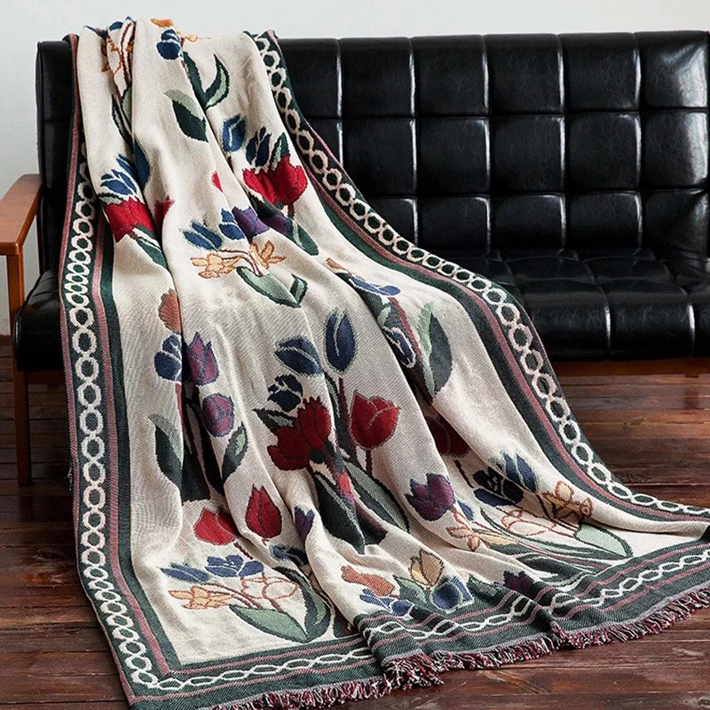 Tulip Flowers Blanket Vintage Throw Sofa Covers Knitted Bedspread Floral Europe Style Outdoor Camping Travel Blankets cobija