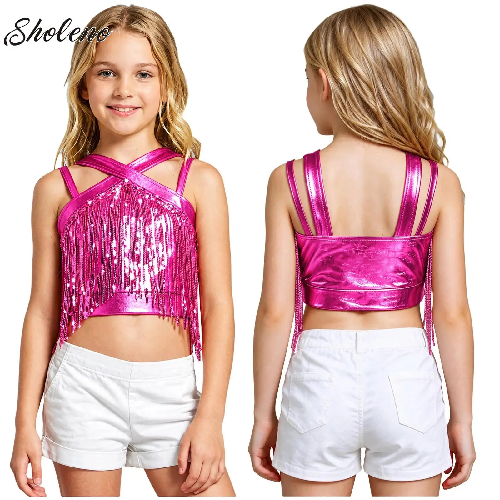 Ballet Tops for Girl Children Metallic Tassels Crop Top Music Festival Rave Party Vests Dancewear Jazz Dance Costume Dancewear