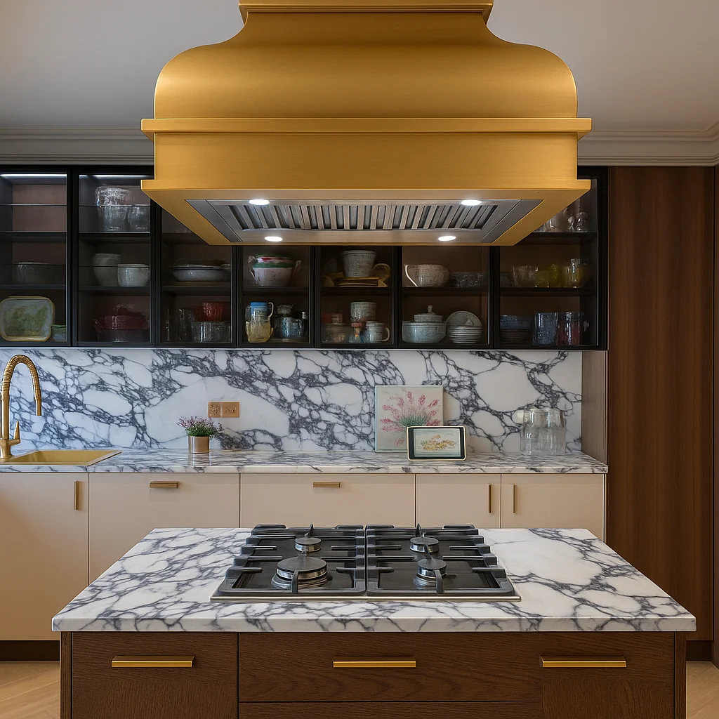 Custom 36-Inch Brass Electric Kitchen Range Hood Exhaust Island Mounted for Household Use