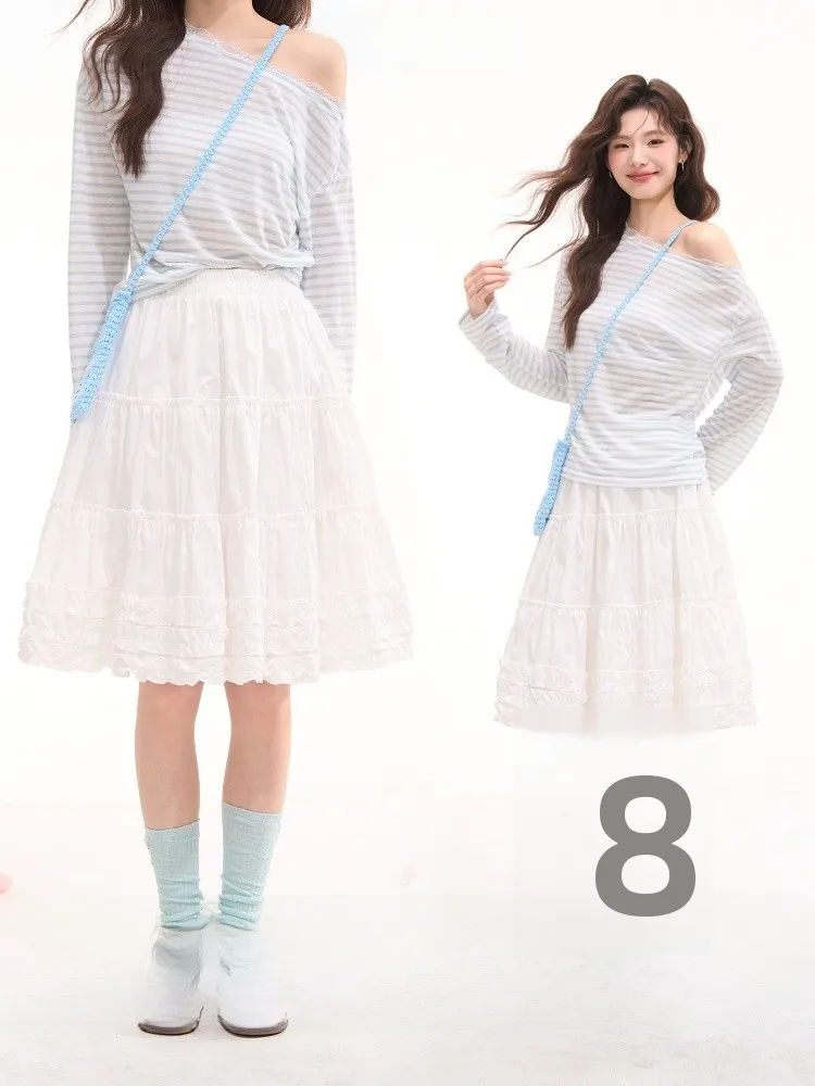 

Puffy Half-length Skirt Women's Cotton Gingham Pleated Wood Grain Korean Style Spring Summer High-waist Cake Skirt