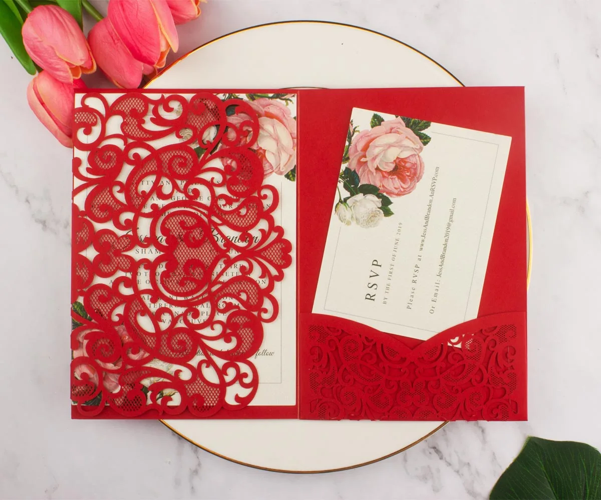 11 pcs pearl red tri fold pockets +  pearl ivory printing inserts+ pearl ivory printing rsvp+ red ribbons