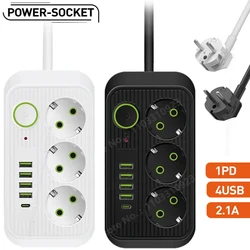 EU Plug AC Outlet Power Strip Multiprise Extension Cord Electrical Socket With USB Type C Fast Charging Network Filter Adapter