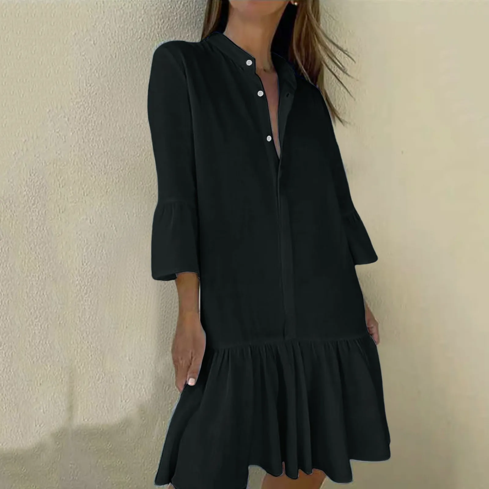 

Women's Casual Dress Sexy Solid Color Button Stand Up Collar Long Sleeve Ruffled Hem Mid Length Dresses Fashionable Loose Dress