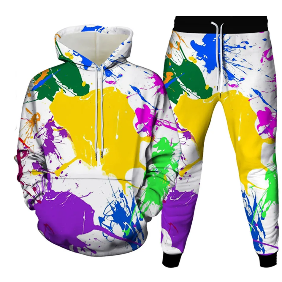 Watercolor Painting 3D Printing Men's Clothing Fall Spring Hoody Sweatshirt+Sweatpants Jogger 2Pcs Sets Women Casual Tracksuits