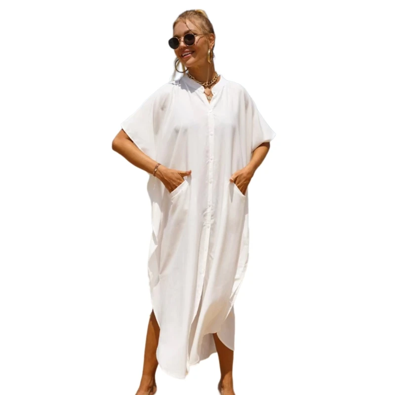 Womens Casual Summer Short Sleeve Side Split Buttons Down Long Kimonos Cardigans Swimsuit Cover Up Beach Dress Gift