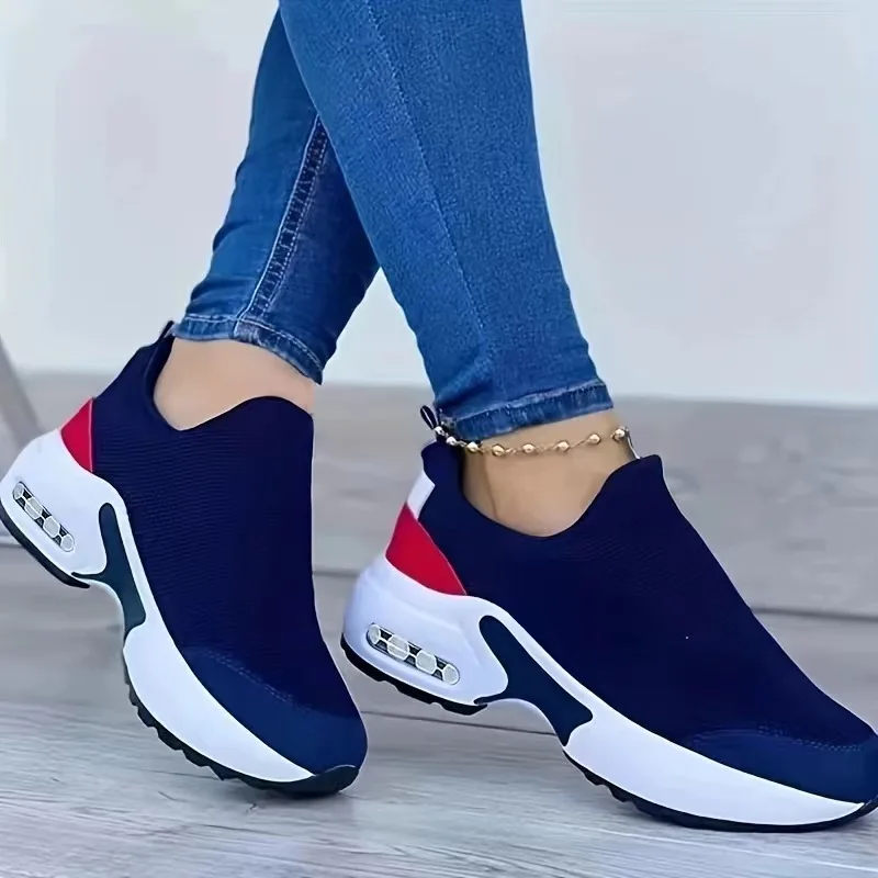 2024 summer new air cushion shoes large size round head thick sole flying woven color casual sports shoes net cloth a slip-on wo