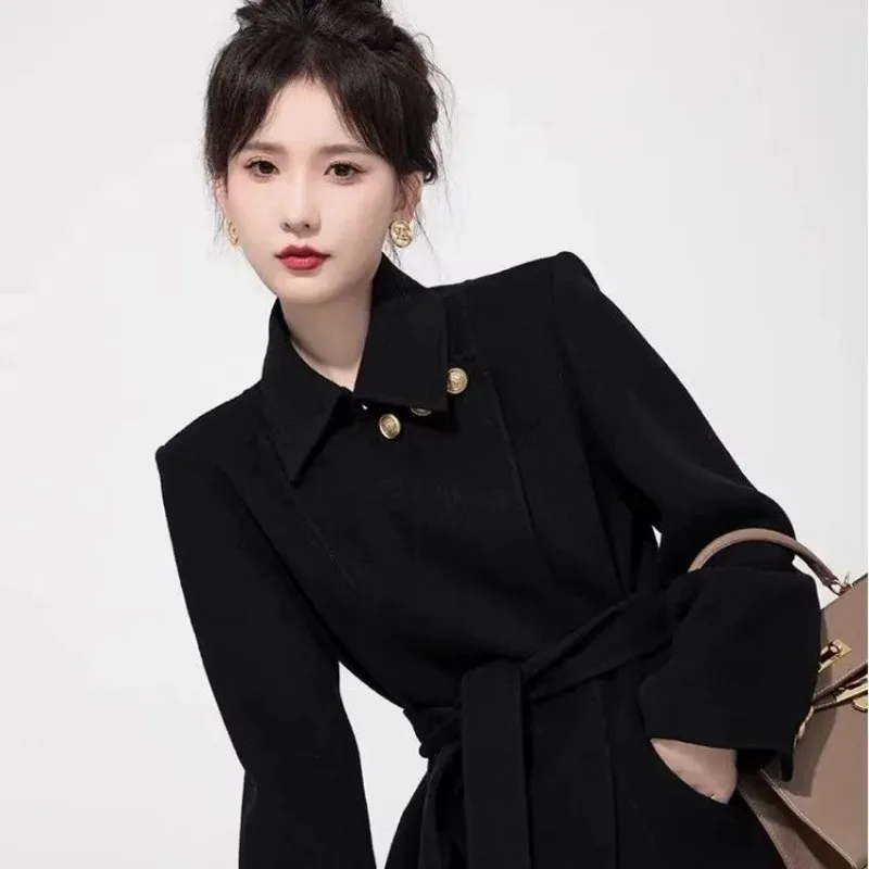 Manteau coréen en laine mi-long, couleur unie, revers, manches longues, boutons, Cardigan à la mode, haut décontracté pour les déplacements, automne et hiver