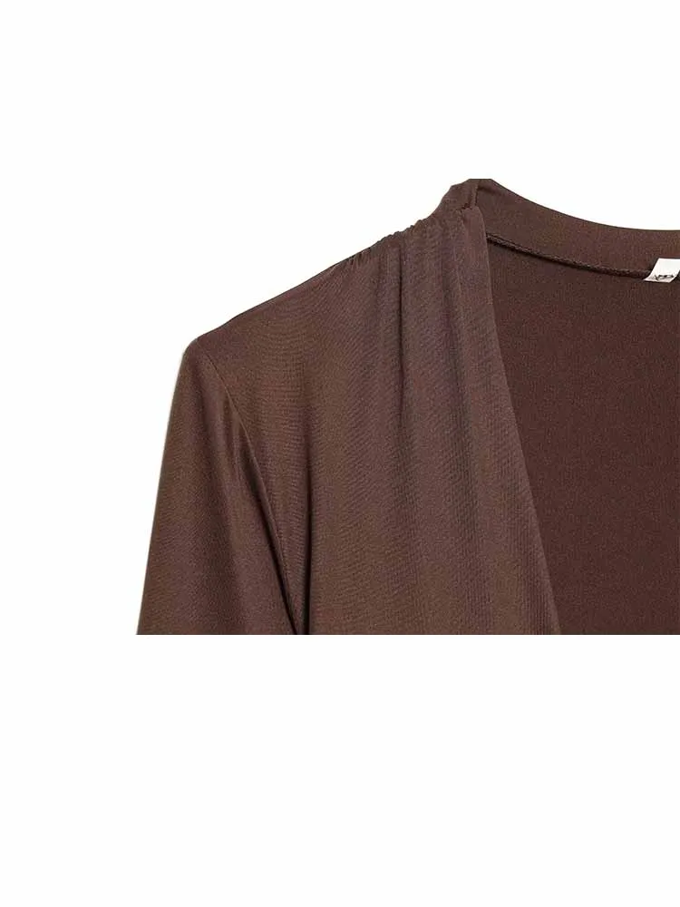 Hh mulher primavera tendência moda mangas compridas decote em v profundo plissado decoração macacão feminino casual cor sólida versátil topos