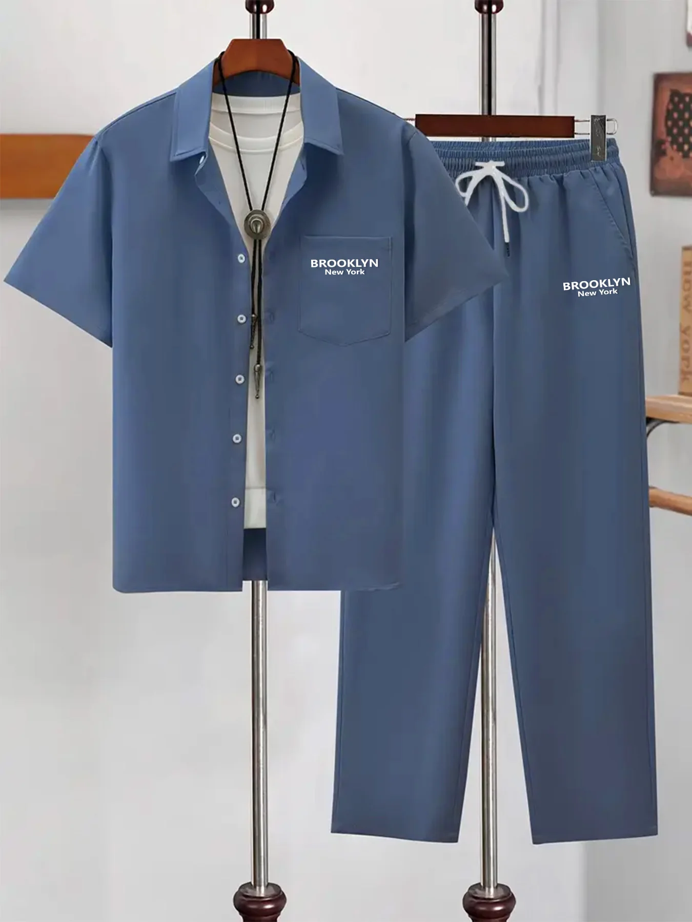 Conjunto de Camisa y Pantalones con Estampado de Letras Estilo Americano, Ropa Casual Holgada de Verano para Hombre, 2 Piezas
