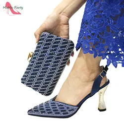 2024 Winter New Coming Mature Italian Women Shoes Matching Bag in Navy Blue Color Comfortable Heels For Wedding Party