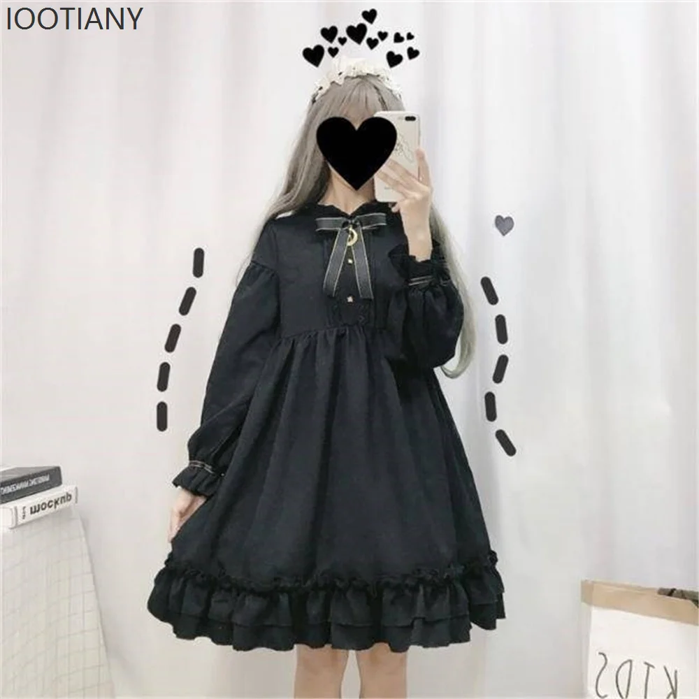 

Retro Palace Gothic Black Long Sleeve Lolita Cute Bowknot Female Kawaii Fashion Japanese Lolita Dress College Style Loose Punk