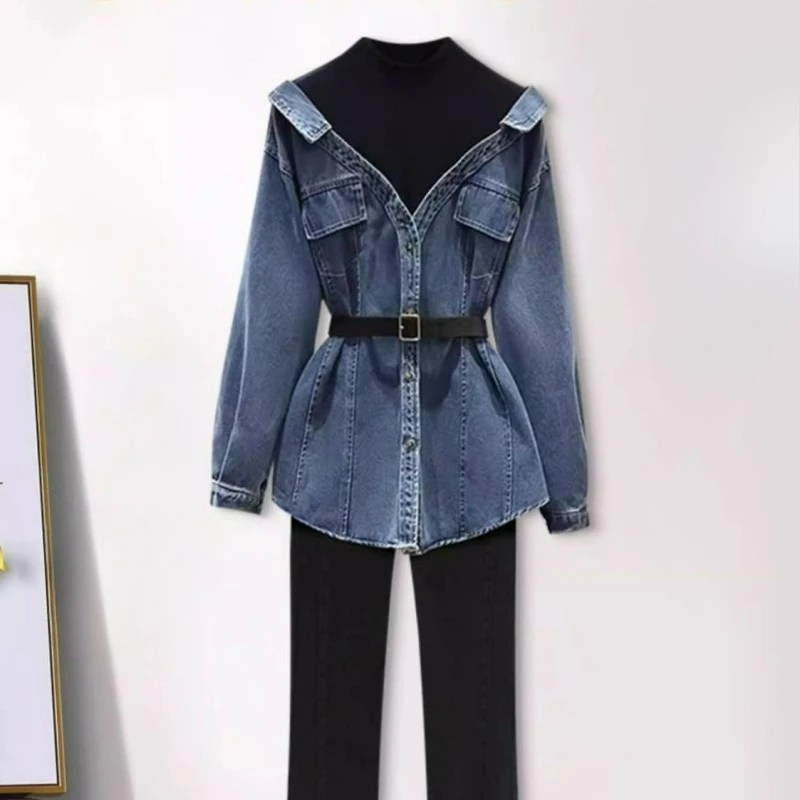 قميص دينم عصري مكون من قطعتين لربيع وخريف 2026 قميص دينم تنحيف الخصر للفتيات السمينات