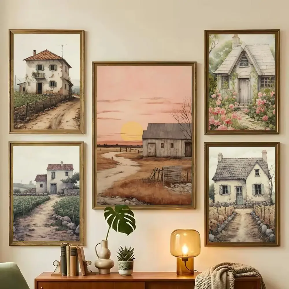 Cozy Countryside House Poster Vintage Forest Cabin Wildflower Farmhouse Wall Art Home Decor Poster HD