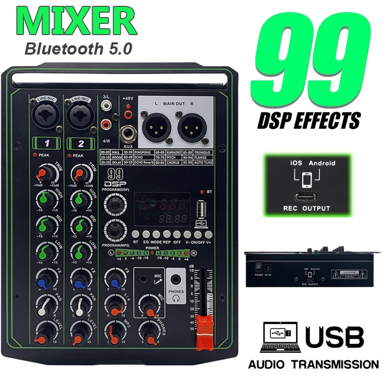 

Portable 4 Channel Audio Mixer 99 DSP Effects DJ Sound Mixing Console USB Interface Computer Recording 48V Phantom Power Monitor