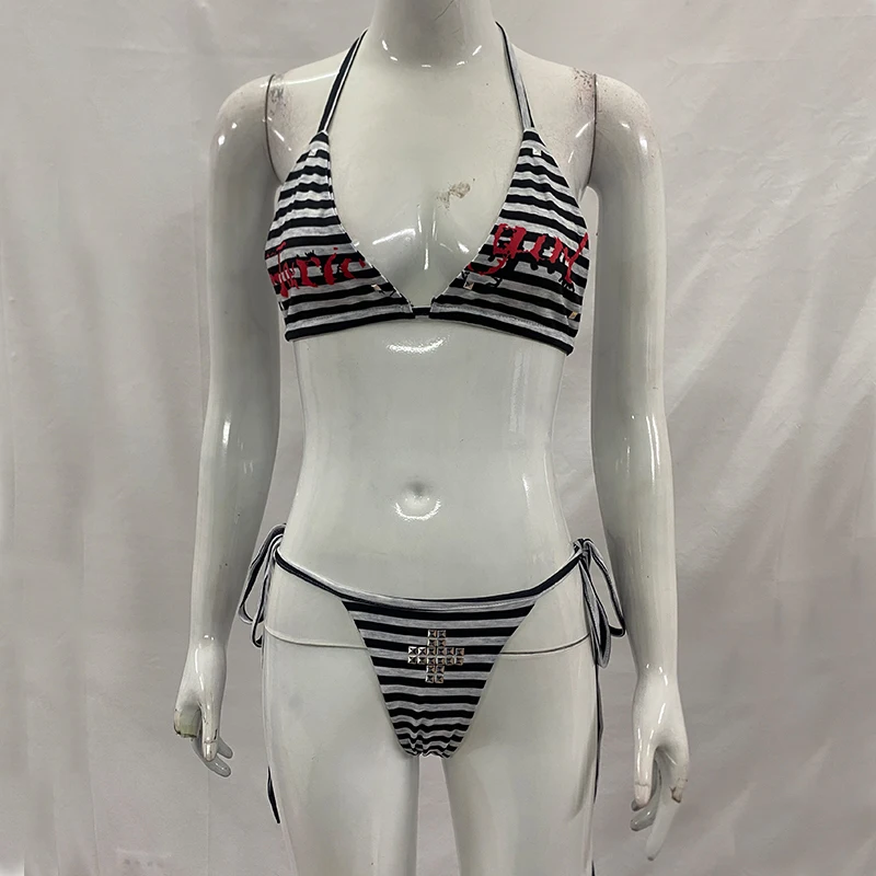 INS Striped Letter Printed Lace Up Hanging Neck Halter Top Briefs Split Two Piece Summer Fashion Sexy Street Casual Beach Bikini