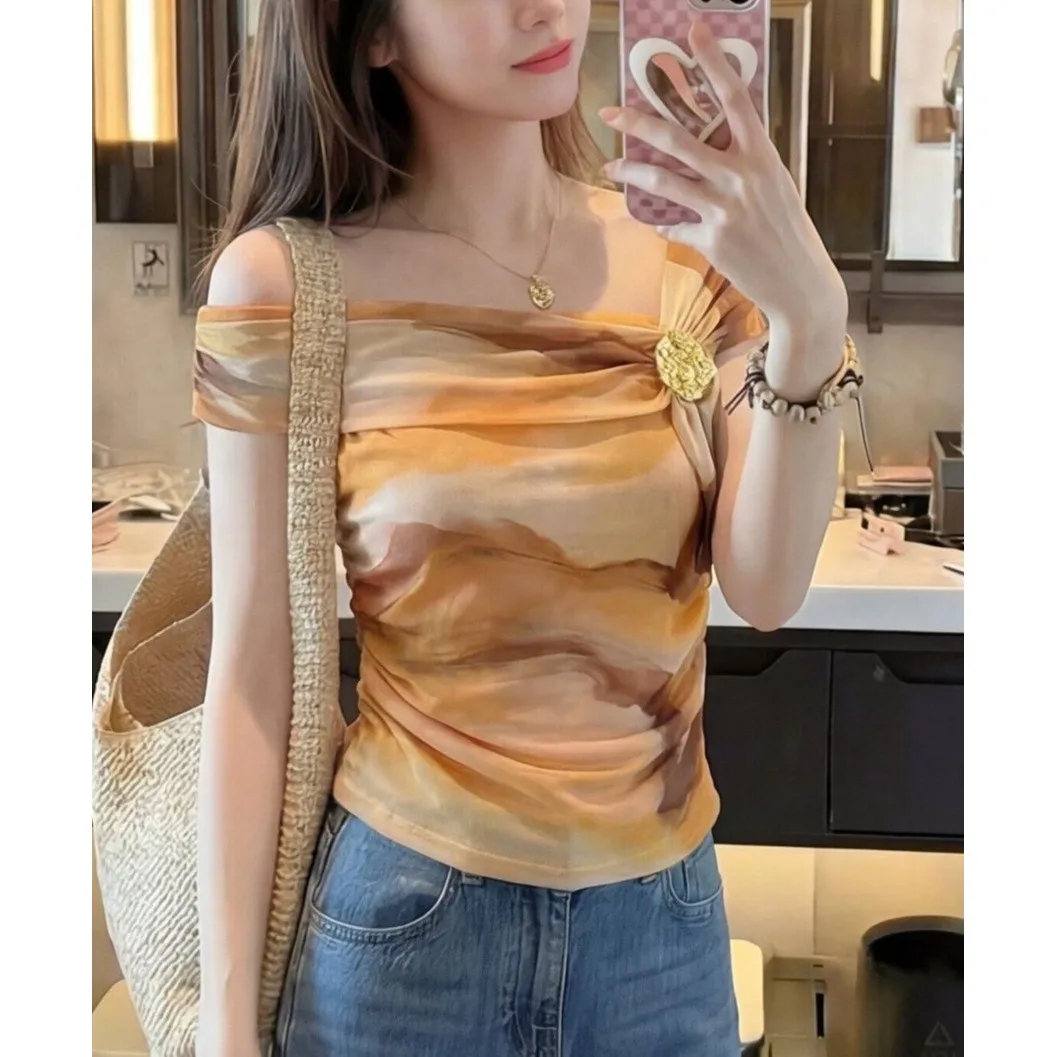 Women Off Shoulder Short Sleeve Fitted Knotted Korean Style Casual T Shirt with Draped Neckline and Gold Brooch Detail Women's
