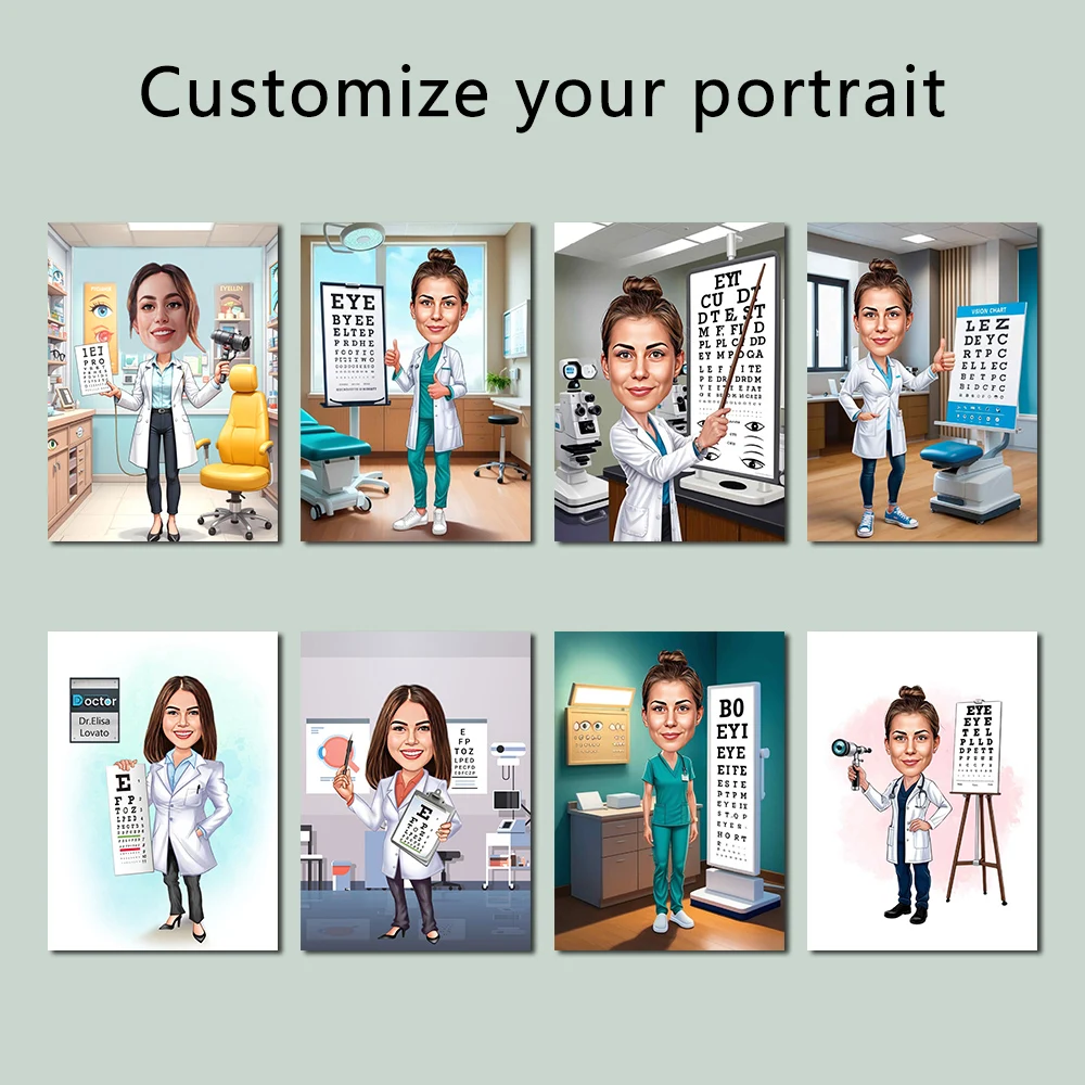 Custom Female Eye Doctor Cartoon Portrait Personalized Ophthalmologist Picture Canvas Poster Print Home Office Wall Art Decor
