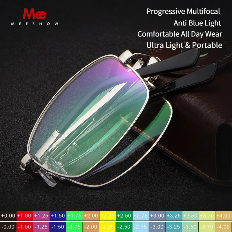 Meeshow Premium Metal Folding Progressive Reading Glasses Anti Blue Light Multifocal Pocket Size Presbyopia Glasses With Box