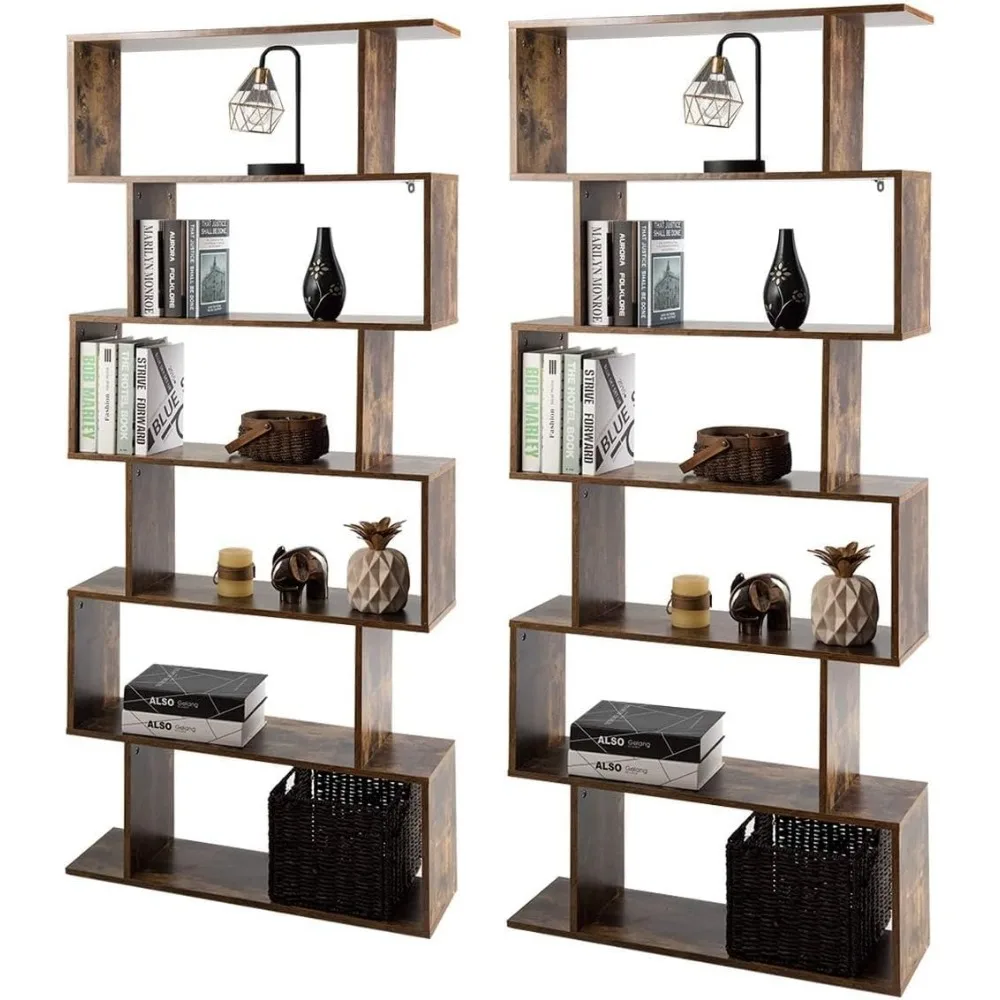 6-Tier Geometric Bookcase, Modern S-Shaped Storage Display Bookshelf for Living Room, Anti-Toppling Device, Home Office Wooden