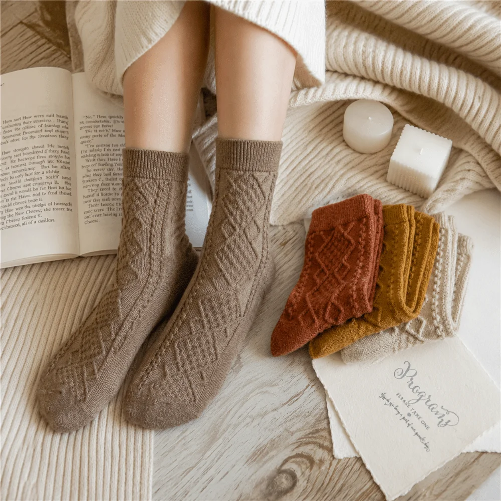 Solid Color Cashmere Wool Socks Japanese Style Thermal Warmth Winter Warm Socks Knit Texture Long Length Long Crew Socks
