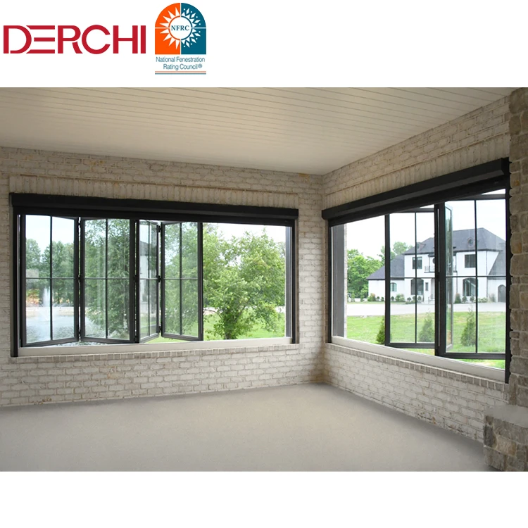 DERCHI akordion kaca Tempered aluminium, jendela lipat ganda lipat Horizontal