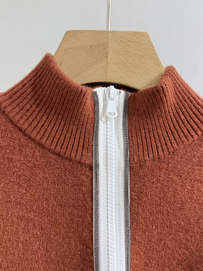 2024 Autumn And Winter New Color Matching Double-Head Zipper Stand Collar Cashmere Knitted Casual Jacket Cardigan Jacket