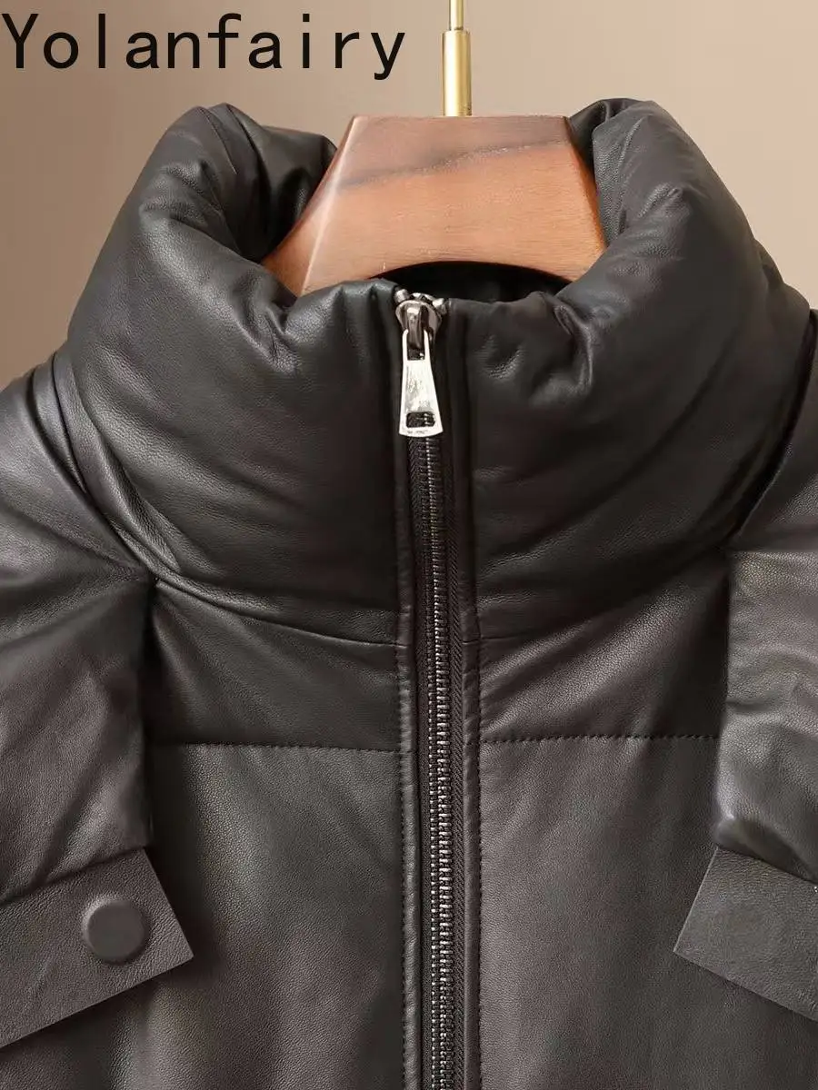 Kurtka damska YOLANFAIRY z prawdziwej skóry, z kapturem, długa, zimowa, z prawdziwej skóry owczej, płaszcz puchowy damski, modne kurtki puchowe z gęsim puchem.