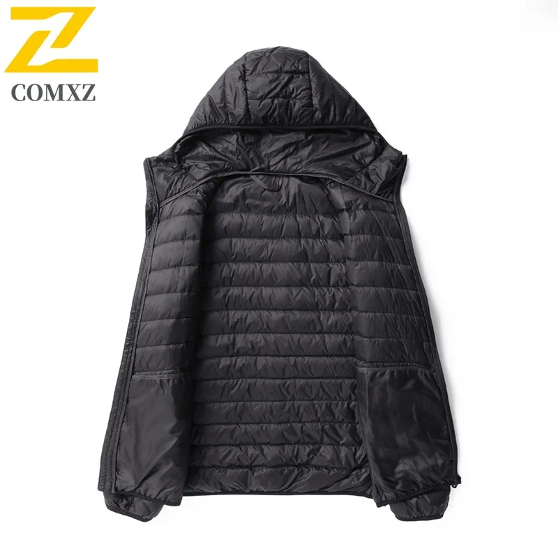 COMXZ Luxurious Men Down Jacket Hooded Commuting Office Ultra Light Puffer Jacket Travel Comfort Windproof Warm Winter Coat