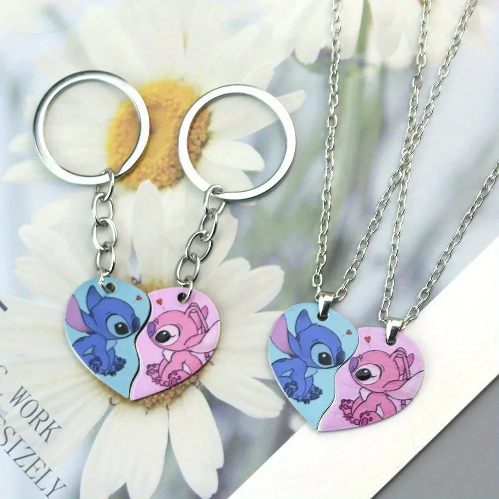 Lilo and Stitch Couple Necklace Cute Cartoon Anime Keychain Kawaii Pendant Matching Jewelry Accessories BFF Friendship Girl Gift