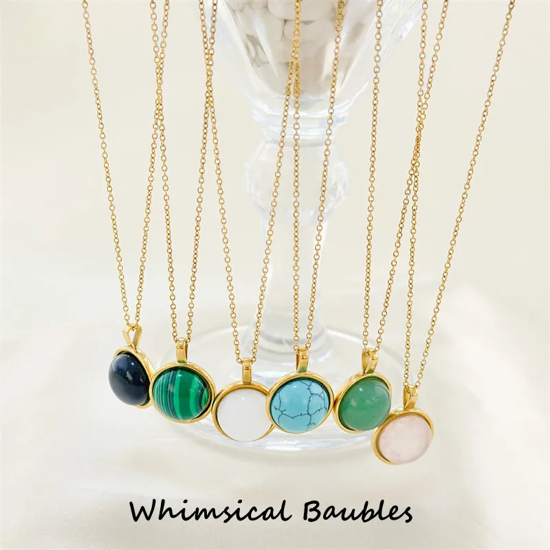 

Stainless Steel Round Natural Stone Pendant Necklace Simple Titanium Steel Tiger Eye Turquoise Necklaces for Women