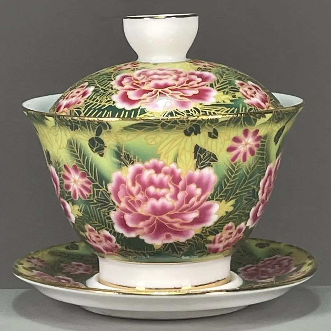 Famille Rose Three-Part Covered Bowl with Floral Motifs, Marked 