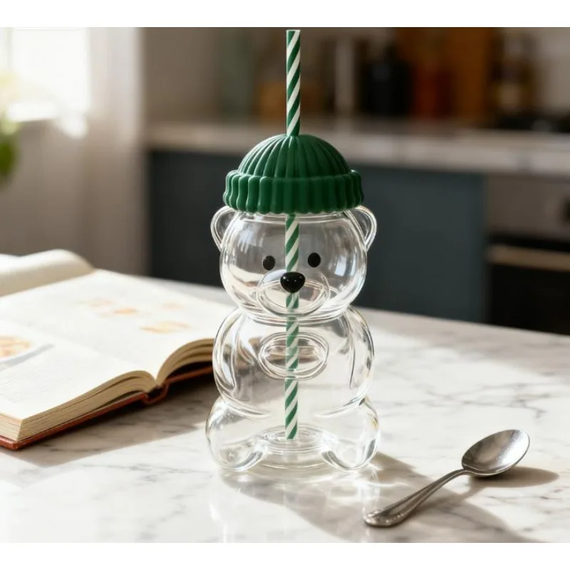 2026 جديد 20 أونصة الكرتون الدب على شكل كوب قهوة زجاجي لطيف الدب كوب القش شفافة الإبداعية الحليب القهوة كوب ماء