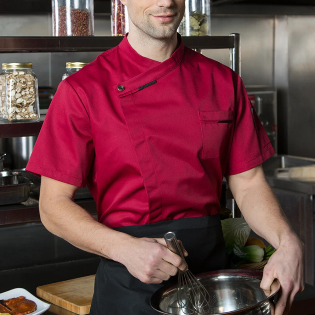 Unissex trespassado uniforme de chef, camisa de manga curta, tops para cozinha, hotel, café, cozinheiro, roupas de trabalho para homem e mulher