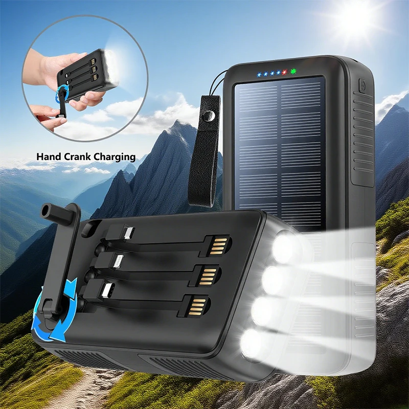 

Hand Crank Solar Power Bank 20000mAh Built in Cable Portable Charger Powerbank for iPhone 16 Samsung S24 Huawei Xiaomi Poverbank